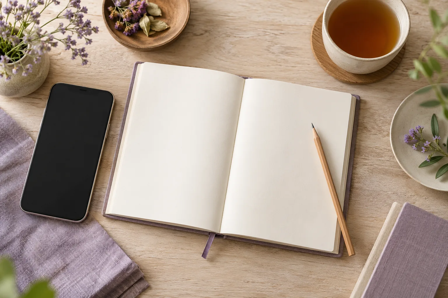 スマートフォンと白紙のノート、お茶を並べた相談準備の机