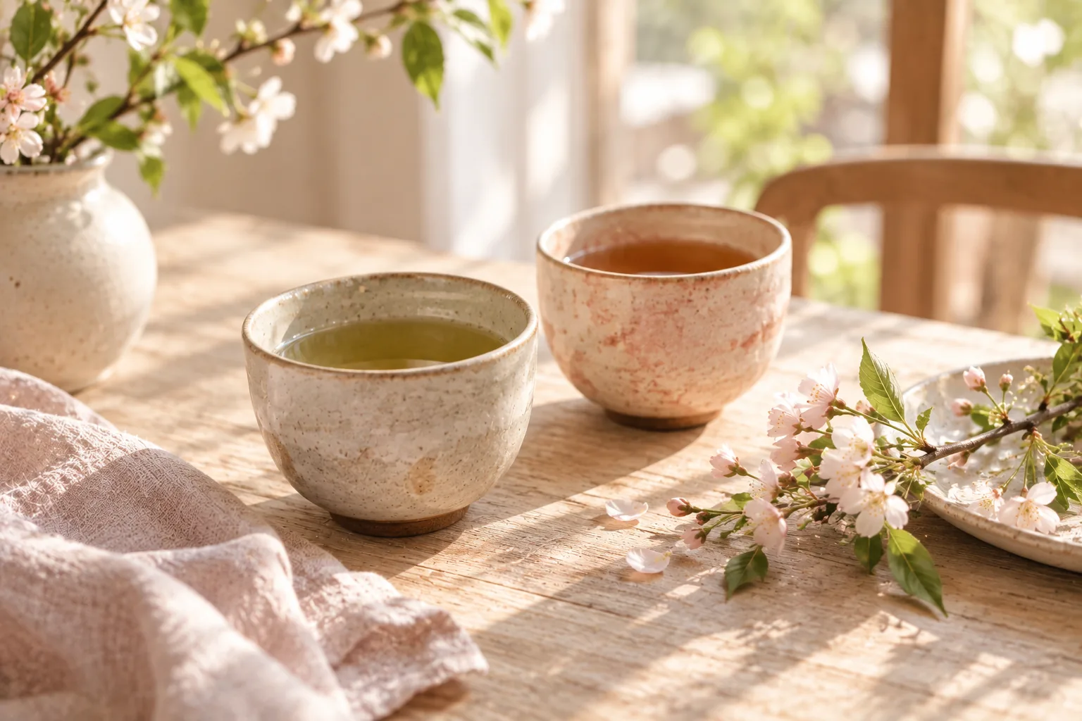 並んだふたつの陶器の湯のみと小さな花枝